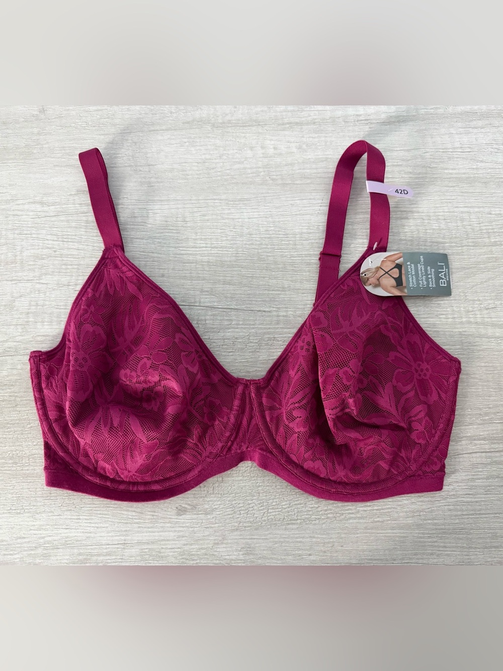 Bali Women's Red Breathe Lace Underwire Bra DF7590 Size 42D